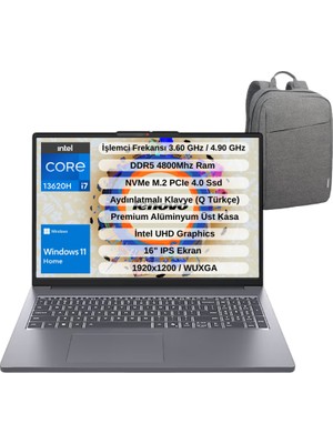 Lenovo Ip Slim 3 Intel Core I7 13620H 40GB 512GB SSD 16" Wuxga IPS Windows 11 Home Taşınabilir Bilgisayar 83K2001WTR - Lenovo Çanta Wz7