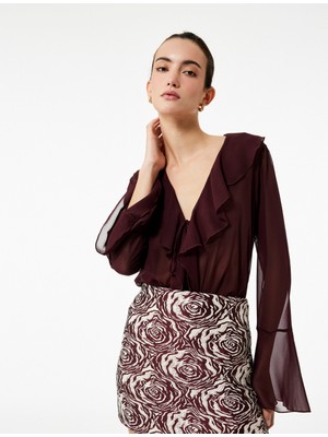 Yarı Transparan Bağlama Detaylı Uzun Kollu V Yaka Fırfırlı Şifon Gömlek