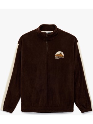 Nakışlı Uzun Kollu Renk Bloklu Yarım Fermuarlı Polar Sweatshirt