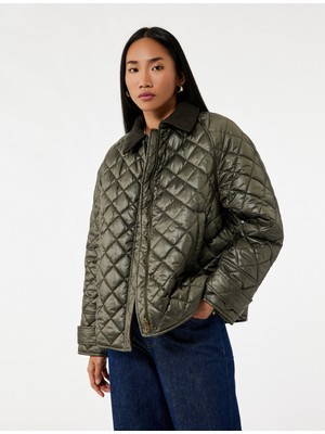 Cepli Fermuarlı Kruvaze Yaka Uzun Kollu Su Itici Kapitone Kısa Ceket