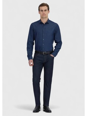 Lacivert Düz Slim Fit Denim Pamuk Karışımlı Pantolon