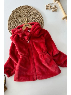 Miniğimin Cicileri Pelüş Kız Çocuk Kapüşonlu Kız Çocuk Mont - Bordo