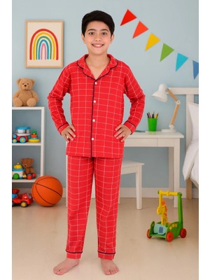 Minykids Kareli Kırmızı %100 Pamuklu Önden Düğmeli Erkek Çocuk Pijama Takım