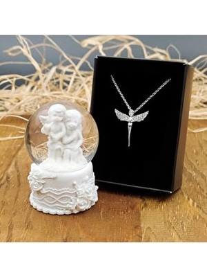 Beyaz Mini Melek Kar Küresi & Melek Kolye Hediye Seti