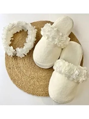 İrembaby Anne Lohusa Seti Beyaz Çiçekli Lohusa Tacı ve Terlik Lohusa Takımı