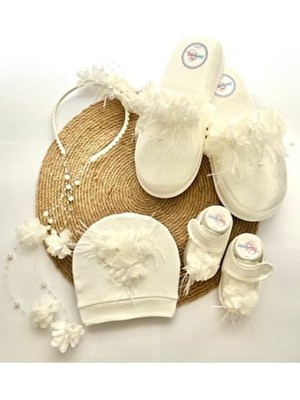 İrembaby Anne Bebek Lohusa Seti Beyaz Çiçekli Incili Lohusa Tacı Terliği Bebek Ayakkabısı ve Şapkası Takımı