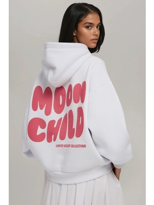 Hiccup Kadın Oversize Baskılı Kapüşonlu Sweatshirt Tozlu Beyaz