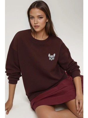 Hiccup Kadın Rahat Hayvan Nakışlı Şardonlu Bisiklet Yaka Hoodie Kestane Kahvesi