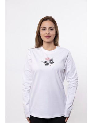 Kadın Uzun Kollu Kelebek Baskılı Beyaz Renk Tshırt