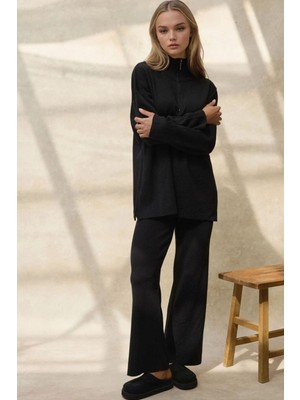 Hiccup Kadın Fermuarlı Yakalı Yüksek Bel Örgü Eşofman Siyah