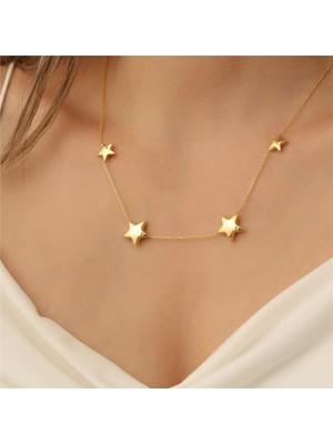 Nox Jewelry 925 Ayar Gümüş Altın Kaplama Aralıklı Yıldız Tasarım Kolye - CN00108