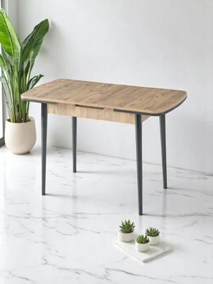 Berlin Açılır Dikdörtgen Masa – Ceviz Desen, Siyah Ayak, 80×130 → 160 cm (Sandalyesiz, 4–6 Kişilik)