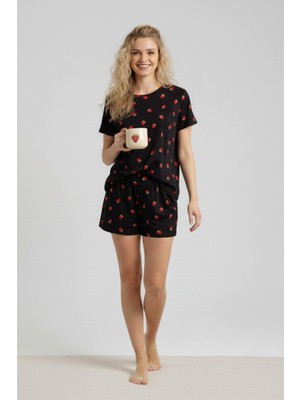 Siyah Çilek Desenli Kadın Pijama Takımı 3409