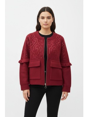 Bordo Pul İşlemeli Cepli Fermuarlı Kadın Hırka 2447