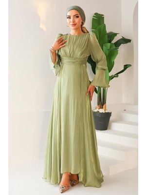 Pelerin Etekli Yoryo Ipek Tesettür Abiye Elbise Çağla 1235