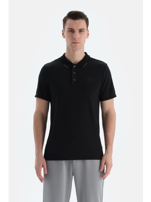 Siyah Erkek Modal Karışımlı Düğmeli Tişört