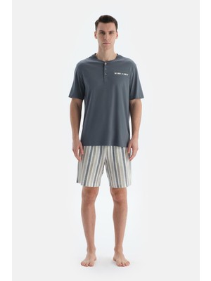 Indigo Pat ve Fleto Cep Detaylı Tişört Şort Pijama Takımı