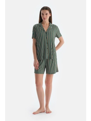 Koyu Yeşil Çizgili Penye Modal Gömlek Şort Pijama Takımı