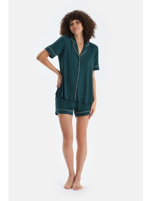 Koyu Yeşil Biye Detaylı Penye Modal Gömlek Şort Pijama Takımı
