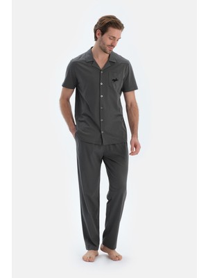 Gri Kısa Kollu Dikiş Detaylı Gömlek Pantolon Pijama Takımı