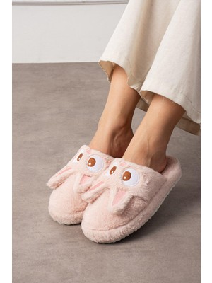 My Tavşan Nakışlı Kadın Ev Terliği Peluş Terlik Çeyiz ve Bohça Terliği Ses Yapmaz Kalın Taban