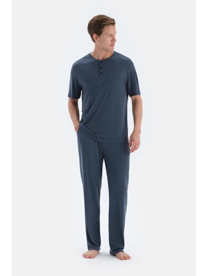 Indigo Pat ve Fleto Cep Detaylı Tişört Pantolon Pijama Takımı