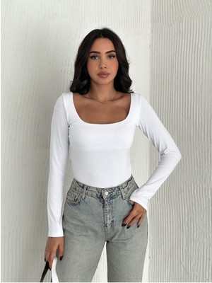 Özel Tasarım Kare Yaka Uzun Kollu Bluz