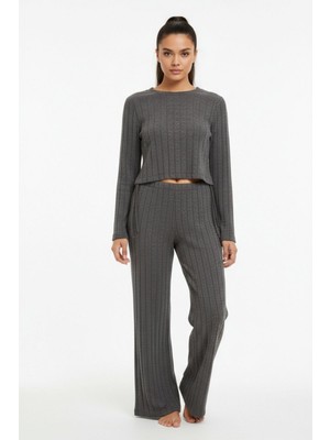 Antrasit Fitilli Crop Bluz Pantolon İkili Takımı 8114A