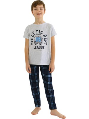 Minykids Kareli Gri Kısa Kollu %100 Pamuklu Erkek Çocuk Pijama Takım