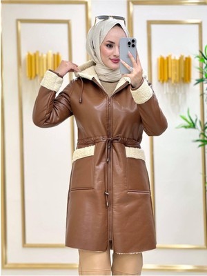 Içi Kürklü Kapşunlu Cep Detaylo Suni Deri Uzun Kaban