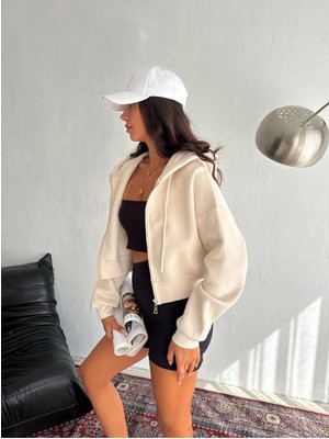 Basic Comfort Crop Fermuarlı 3 Iplik Şardonlu Sweatshirt