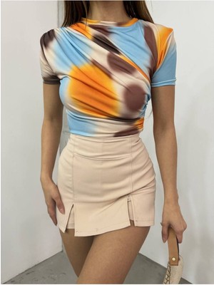 Drabe Yaka Batik Turuncu Bluz