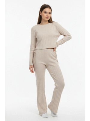 Bej Fitilli Crop Bluz Pantolon İkili Takımı 8114A