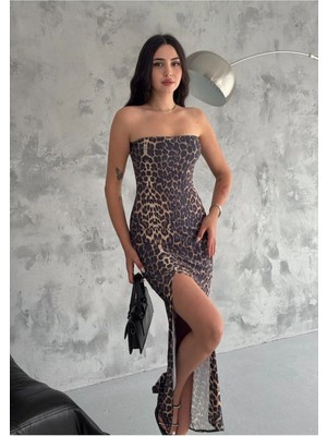 Kadın Leopar Derin Yırtmaçlı Elbise