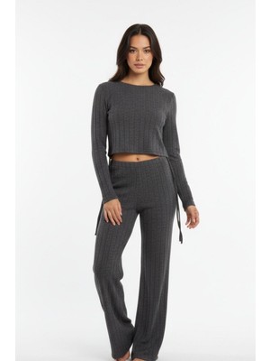 Siyah Fitilli Crop Bluz Pantolon İkili Takımı 8114A