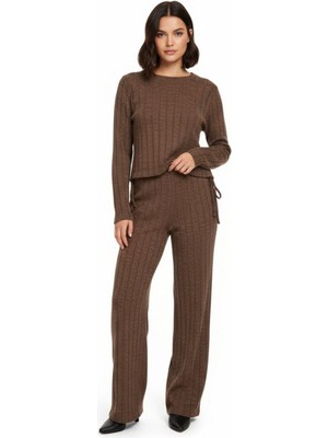 Kahve Fitilli Crop Bluz Pantolon İkili Takımı 8114A