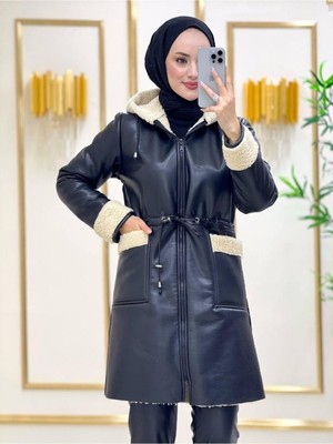 Içi Kürklü Kapşunlu Cep Detaylo Suni Deri Uzun Kaban