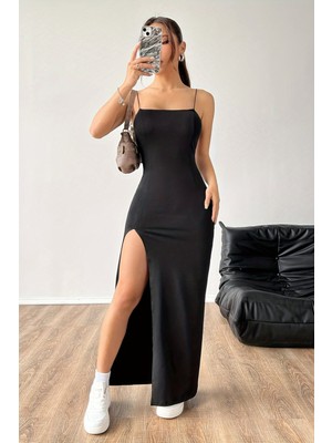 Merry See Slim Silüetli Askılı Şık Yırtmaçlı Uzun Elbise Günlük Stil ile Şık Tasarım