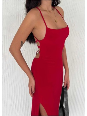 Ince Ip Askılı Arkadan Çapraz Bağlamalı Sırt Dekolteli Yırtmaçlı Elbise