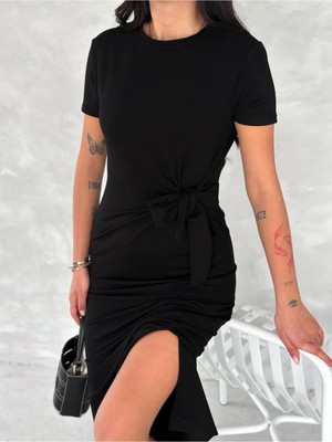 Yumuşak Doku Fiyonk Detaylı Modal Kumaş Midi Elbise