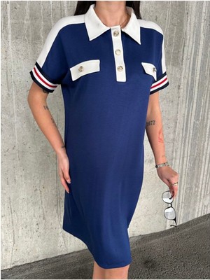 Garnili Düğmeli Polo Yaka Kol Şeritli Modal Kumaş Elbise