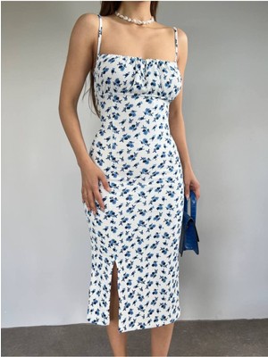 Çiçek Desenli Yırtmaçlı Midi Elbise