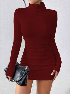 Kaşkorse Balıkçı Yaka Büzgülü Bordo Mini Elbise