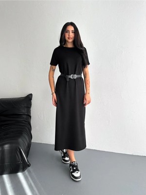 Yumuşak Doku Yırtmaçlı Modal Kumaş Midi Elbise