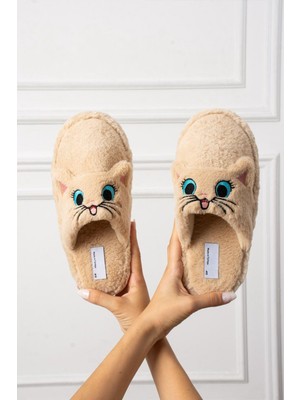 My Kedi Nakışlı Kadın Ev Terliği Peluş Terlik Çeyiz ve Bohça Terliği Ses Yapmaz Kalın Taban