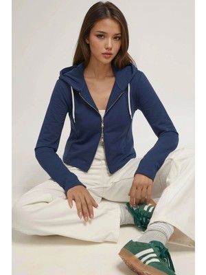 Hiccup Kadın Kapüşonlu Fermuarlı Sweatshirt Lacivert