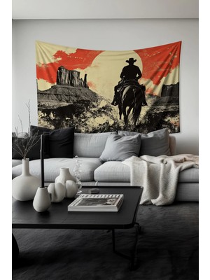 Kovboy ve Gün Batımı Desenli Duvar Halısı Duvar Örtüsü Tapestry Süet Dokulu Kumaş