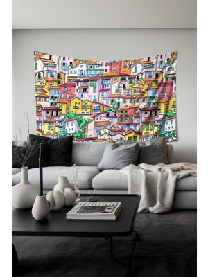 Renkli Evler Desenli Duvar Halısı Duvar Örtüsü Tapestry Süet Dokulu Kumaş