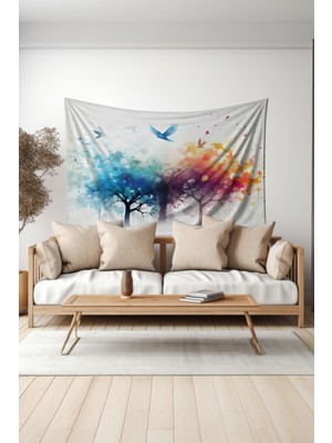 Renkli Ağaç ve Kuşlar Desenli Duvar Halısı Duvar Örtüsü Tapestry Süet Dokulu Kumaş