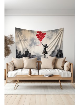 Kırmızı Balonlu Kız Desenli Duvar Halısı Duvar Örtüsü Tapestry Süet Dokulu Kumaş